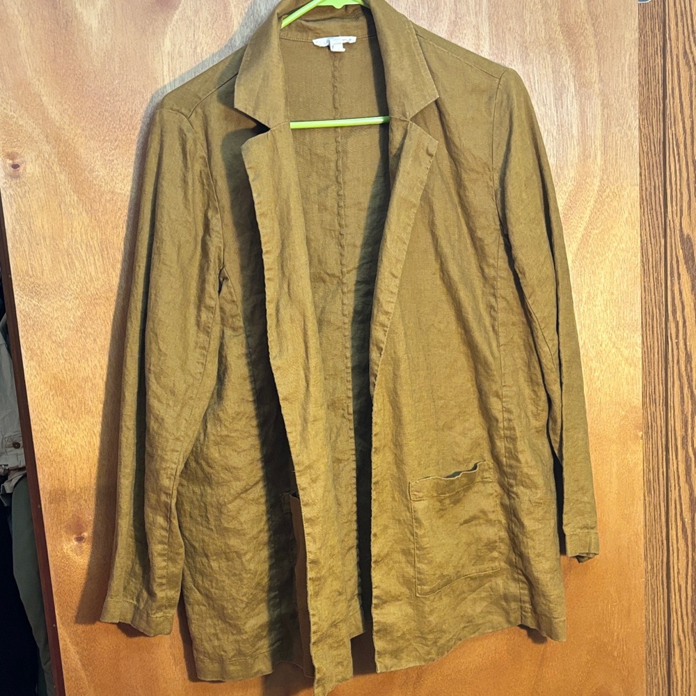Eileen Fisher Organic Linen Notch Long Blazer in the color Brown Ochre